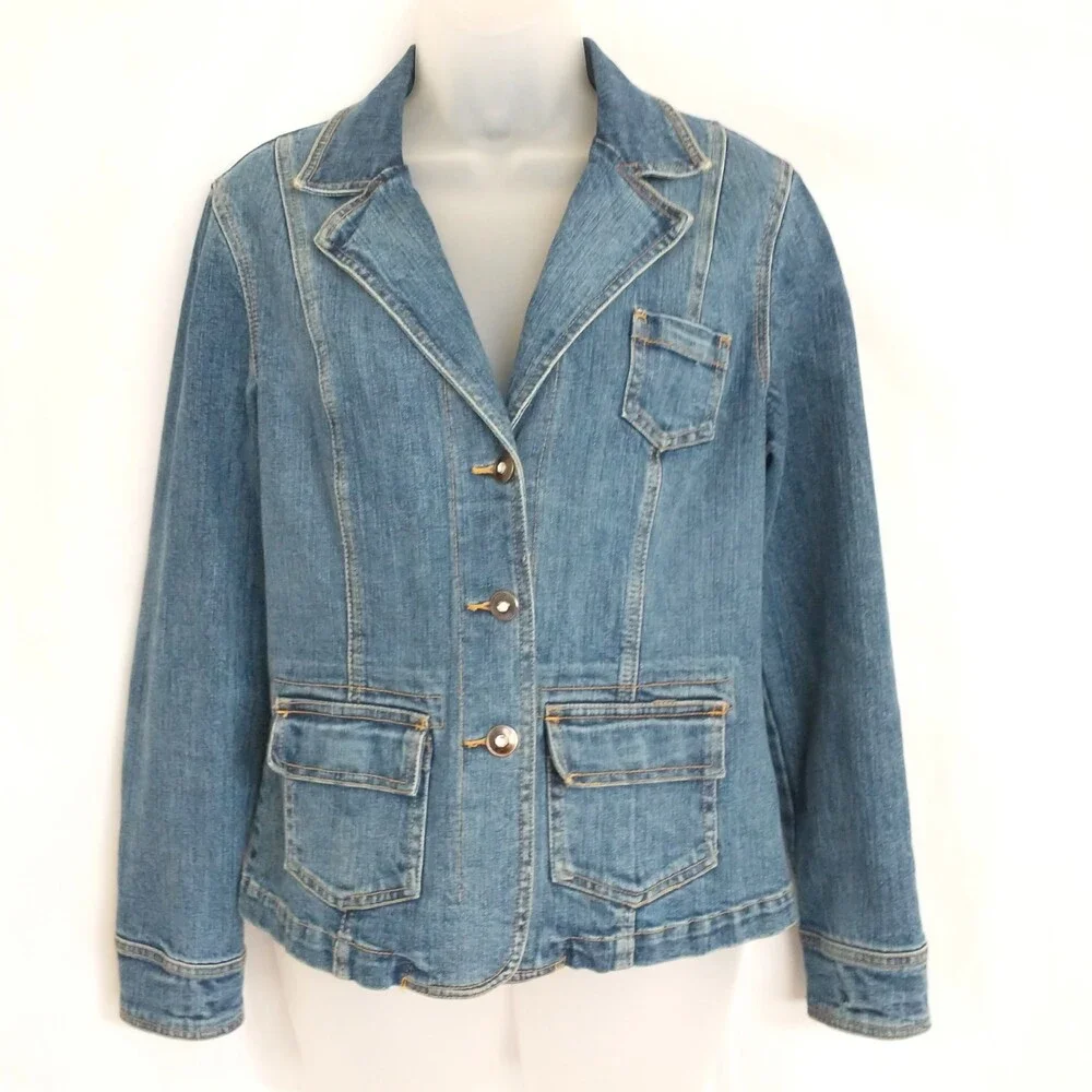 Style & Co Denim Jean Blazer Jacket with Bling Rhinestone Buttons Size S Stretch